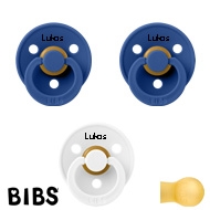 BIBS Colour Sutter med navn str2, 2 Cornflower, 1 White, Runde latex